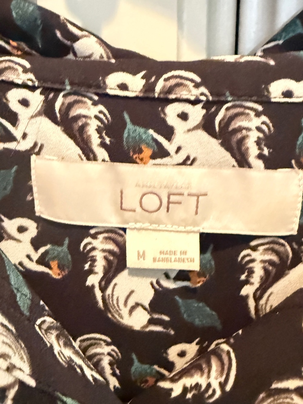 LOFT Black Blouse with White and Teal Squirrel Print - Picture 4 of 6